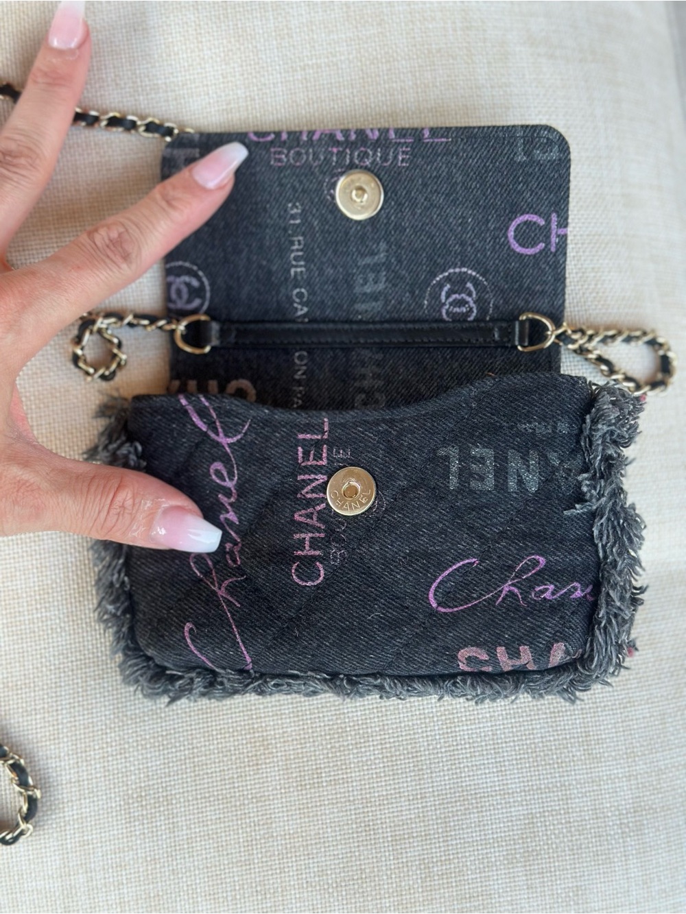 Auth CHANEL Mini Black Denim Fringe Printed Crossbody Bag Handbag a79 - Picture 5 of 16